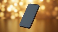 Smartphone with blank screen floating against warm golden bokeh background, suitable for app promotion, tech marketing, and digital product mockups.