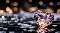 Pink crystal heart on dark reflective surface with golden bokeh lights creating romantic atmosphere for Valentine's day cards and love concepts.