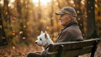 Elderly Caucasian man sitting on a park bench with a white terrier dog, surrounded by golden autumn foliage in a serene forest setting.