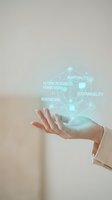Person holding glowing digital network with interconnected nodes displaying business concepts like adaptability, future readiness, framework, innovation, and sustainability for corporate strategy and technology solutions.