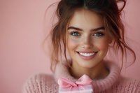 Young Caucasian woman with bright blue eyes and radiant smile wearing pink sweater and bow tie against pink background, messy updo hairstyle creates casual romantic mood.