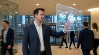 Professional businessman in dark suit interacting with futuristic holographic ISO certification interface in modern corporate office environment.