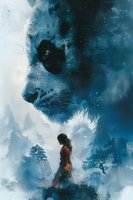Mystical Asian woman warrior silhouette against dramatic sky with giant lion spirit watching over traditional temple landscape in ethereal blue tones.