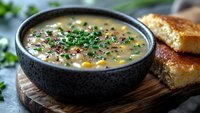 Creamy mushroom soup with fresh herbs and black pepper served in dark bowl with crusty bread on wooden board for comfort food dining and restaurant menus.