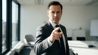 Confident middle-aged Caucasian businessman in dark suit pointing at camera in modern office environment for corporate leadership concepts.