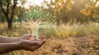 Hands holding glowing tree with green leaves against blurred natural background, symbolizing environmental care, sustainability, and eco-friendly growth for conservation concepts.