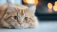 Adorable orange tabby kitten with blue eyes lying down, soft bokeh lights in background creating warm cozy atmosphere for pet care and animal lover content.