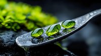 Shiny green vitamin capsules with omega-3 fish oil on wet metal spoon against dark background, fresh herbs and water drops create natural health concept.
