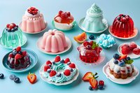 Colorful gelatin desserts and puddings with fresh berries arranged on blue background for summer menu design and culinary photography projects.