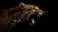 Fierce leopard showing fangs and aggressive expression against dark background, dramatic side profile view highlighting spotted coat pattern and powerful predator nature.