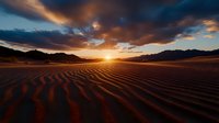 Dramatic sunset over rippled sand dunes creates mesmerizing patterns in desert landscape, with golden light illuminating textured ridges against dark stormy clouds.