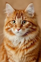 Adorable orange tabby kitten with bright golden eyes and fluffy fur looking directly at camera against warm beige background for pet photography and animal content.