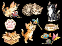 Cute kittens and cat accessories collection isolated on transparent background. Ready for t-shirt designs, stickers, clipart, print-on-demand products, and sublimation projects.