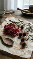 Dried red berries and thistle flowers arranged on parchment paper with wooden spoon and herbal tea setup on rustic table for natural wellness and botanical styling.