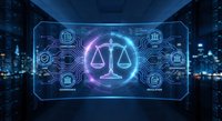 Digital justice scales hologram with legal technology icons floating over futuristic cityscape background for law firm presentations and legal tech concepts.