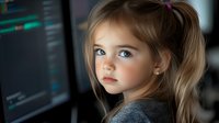 Young blonde girl with pigtails looking at computer screen with coding interface in modern tech workspace for educational programming concepts.
