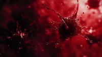 Dynamic red liquid splash creating abstract shapes against dark background with droplets and motion blur effect, dramatic lighting creates moody atmosphere.