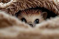Adorable hedgehog peeking out from cozy knitted blanket with curious expression and spiky quills visible in warm indoor setting for pet care concepts.