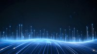 Futuristic digital landscape with glowing blue light trails forming horizon line and vertical beams creating technological grid pattern against dark background.