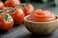 Fresh tomato puree in wooden bowl with whole ripe tomatoes on vine against dark wooden background, close up view of homemade sauce preparation.