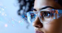 Close up portrait of young African American woman wearing glasses with digital data visualization and glowing network connections reflected in lenses.