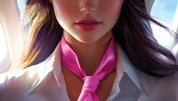 Close up portrait of young Asian woman wearing pink silk neck scarf and white collar shirt, with focus on bright red lipstick and soft natural lighting.