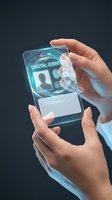 Hands holding futuristic holographic smartphone displaying digital identity interface with biometric security features for modern technology concepts.