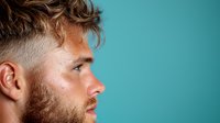 Profile view of young Caucasian man with blonde curly hair and beard against turquoise background. Modern fade haircut and natural lighting create striking contrast.