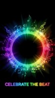 Colorful neon music equalizer with rainbow spectrum and floating musical notes on black background for party and entertainment designs.