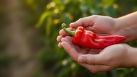 Fresh red chili pepper held in cupped hands with blurred garden background, organic farming and healthy eating concept for cooking and nutrition.