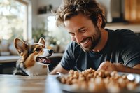 Cheerful Caucasian man in dark sweater sharing joyful moment with Welsh Corgi dog at kitchen table, warm natural lighting creates cozy atmosphere.