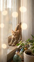 Tabby kitten sitting on windowsill with sheer curtains, warm bokeh lights, potted plant nearby, cozy home interior setting for pet and lifestyle content.