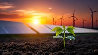 Green plant seedling growing from soil with solar panels and wind turbines at sunset representing sustainable renewable energy and environmental growth.