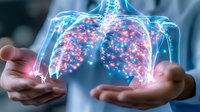 Glowing holographic lungs floating above healing hands, depicting medical visualization with pink and blue luminescent effect for healthcare technology.