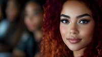 Young mixed race woman with ombre red curly hair and flawless makeup smiling confidently at camera, professional beauty portrait with soft lighting and blurred background.