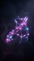 Electric neon lightning energy forming abstract female torso silhouette with glowing pink and blue plasma effects on dark cosmic background.