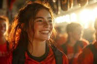 Young woman with radiant smile and backpack illuminated by warm sunset light at crowded outdoor event, expressing genuine joy and happiness.