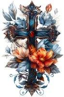 Ornate gothic cross with vibrant orange and blue flowers, decorative metalwork and red gemstone accent on white background for tattoo and religious designs.