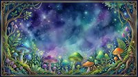 Enchanted forest floor with glowing mushrooms, bioluminescent plants, and magical starry night sky above, surrounded by ornate golden botanical frame border.