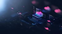 Futuristic digital technology concept with laptop displaying data analytics and glowing pink elements on dark background. Ideal for business innovation themes.