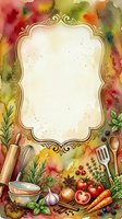 Ornate golden frame with watercolor cooking ingredients and herbs border, featuring rolling pin, whisk, bowl, fresh vegetables, spices, and berries on textured background. Isolated design for recipe cards, menus, and culinary projects.