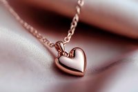 Rose gold heart pendant necklace on delicate chain against soft blurred background, romantic jewelry accessory for Valentine's Day and special occasions.