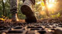 Hiking boots walking on forest trail at sunset with golden sunlight streaming through trees, close-up view of footsteps on dirt path with fallen leaves.