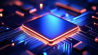 Glowing microprocessor with neon blue and orange lights on circuit board background, futuristic technology concept for computing and artificial intelligence.