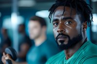 African American male athlete with beard and dreadlocks wearing green sportswear during workout session at gym, focused expression while exercising with blurred background.