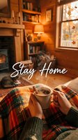 Cozy autumn cabin scene with steaming spiced drink, plaid blanket, fireplace, and Stay Home text overlay for seasonal social media.