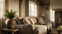 Cozy living room interior with beige upholstered sofa, decorative pillows, fern plant in ceramic vase, and natural sunlight streaming through windows for home decor and interior design projects.