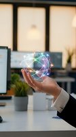 Businessman hand holding glowing digital network sphere with connected nodes in modern office workspace for technology and innovation concepts.
