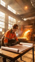 Male worker in orange safety vest and hard hat reviewing blueprints at industrial worksite with welding sparks and sunlit warehouse windows, suitable for construction, manufacturing, and labor industry content.