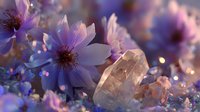 Dreamy composition of purple cosmos flowers with clear quartz crystal on sparkling background, creating magical botanical atmosphere for wellness and spiritual concepts.